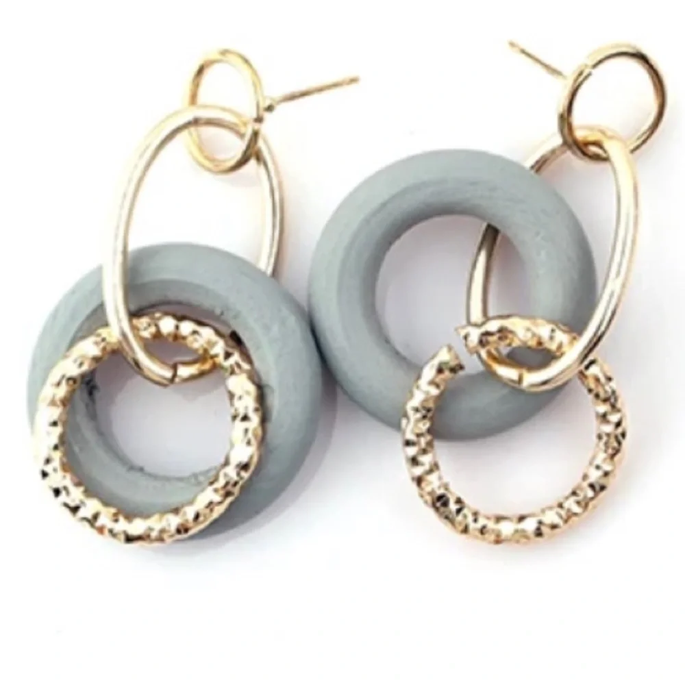 Multi-Shape Colorful Wooden with Gold-Tone Dangle Earrings, Push Back Closure - Picture 4 of 13